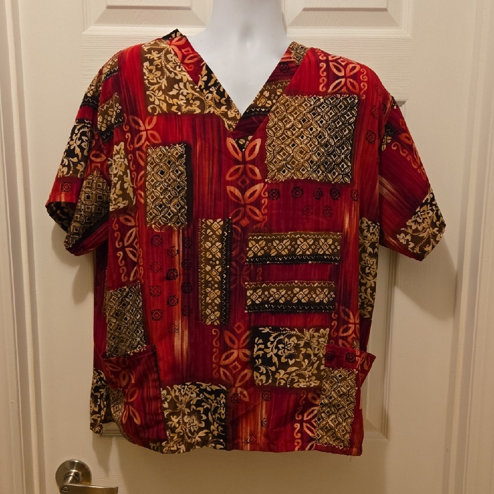 Mens Or Womens Red Patterned Scrub Shirt XL